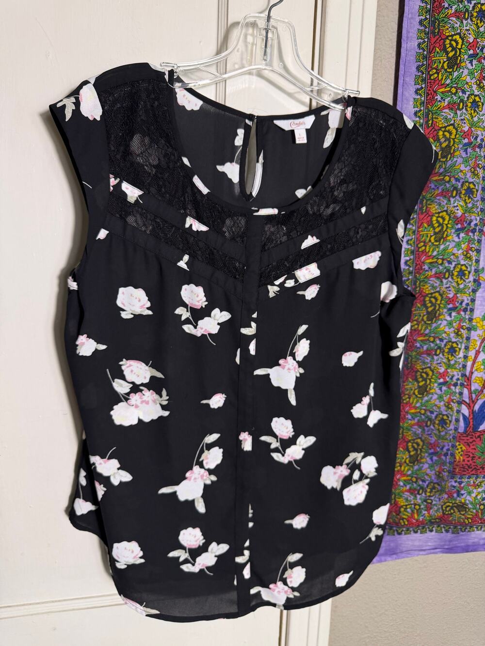 Candie's Womens L Black Pink Floral Lace Blouse Cap Sleeve Romantic Top